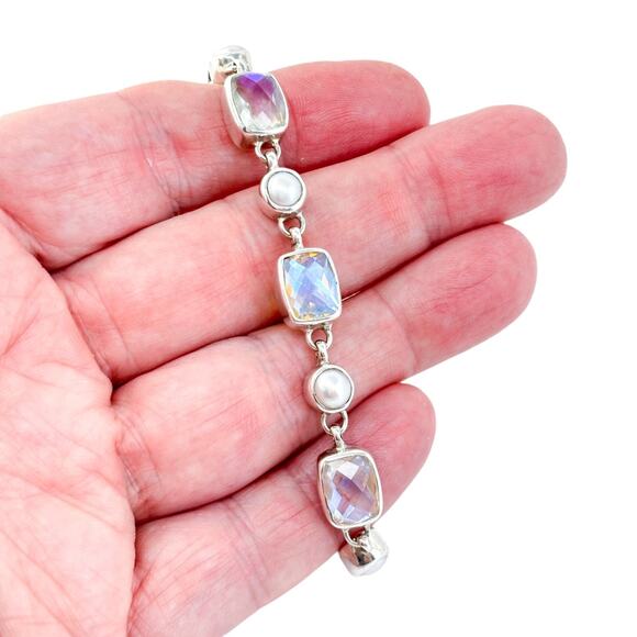 Vintage Sterling Silver 925 Mystic Topaz and Pearl Toggle Bracelet 7"-8" - Picture 1 of 5